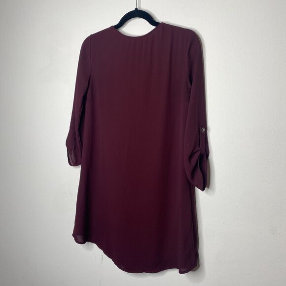 Lush Inverted Pleat V-Neck Plum Drapey Shirt Tail Dress 3/4 Tab Sleeves XS - Picture 7 of 11